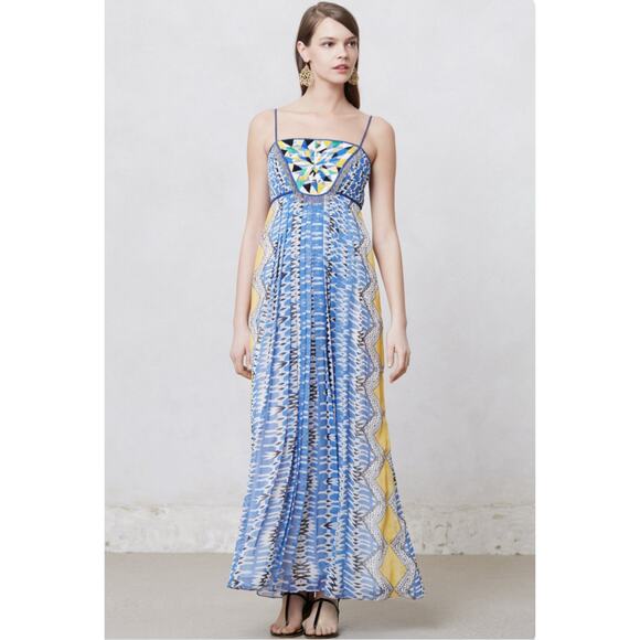RANNA GILL ANTHROPOLOGIE Boho Maxi Dress Womens Small Petite Sunburst Beaded - Picture 1 of 12